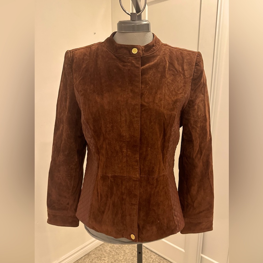 Isaac Mizrahi Live! Suede Jacket w/ Lamb Leather Quilted Size 10 in Rust Colour